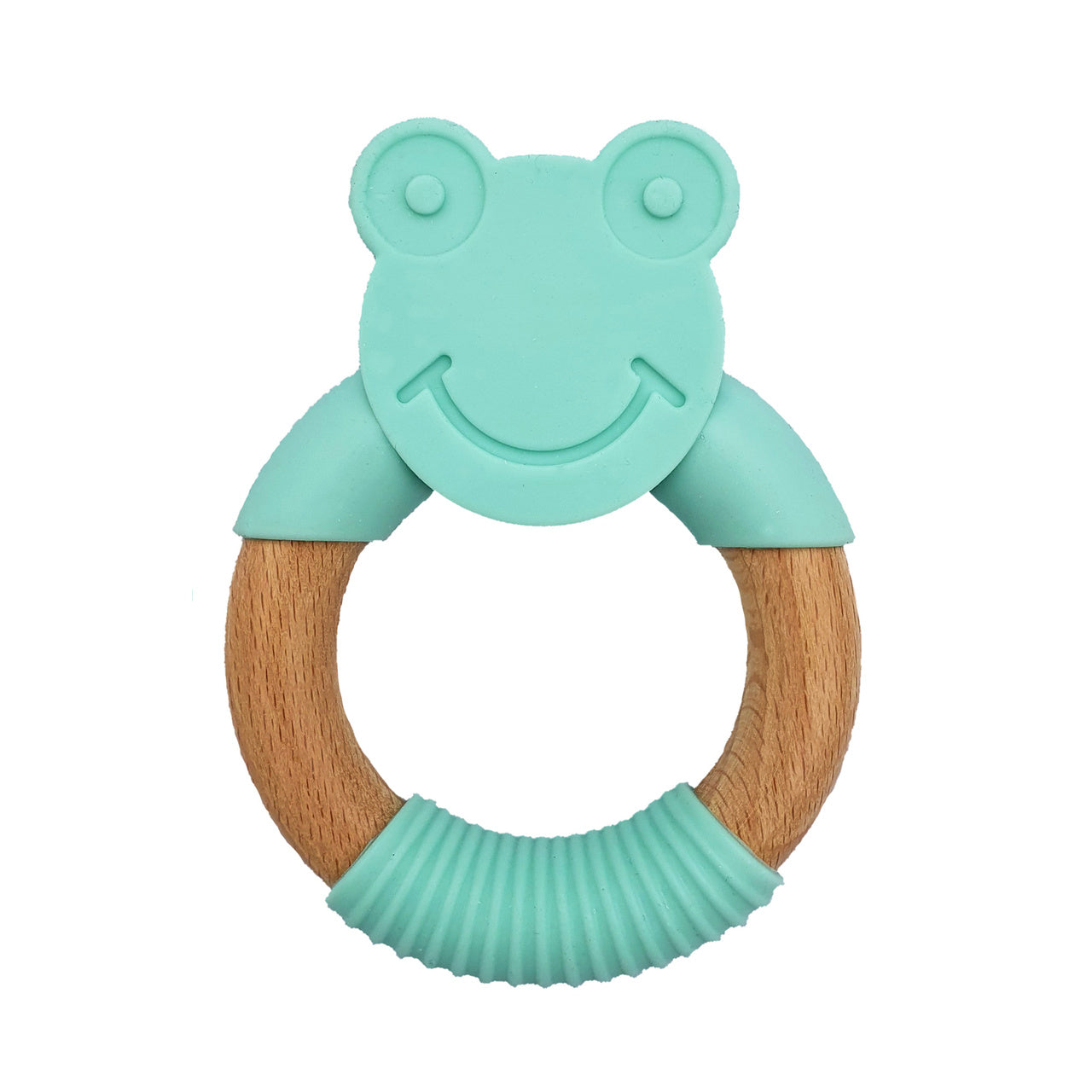 Silicone and wood frog teether ring