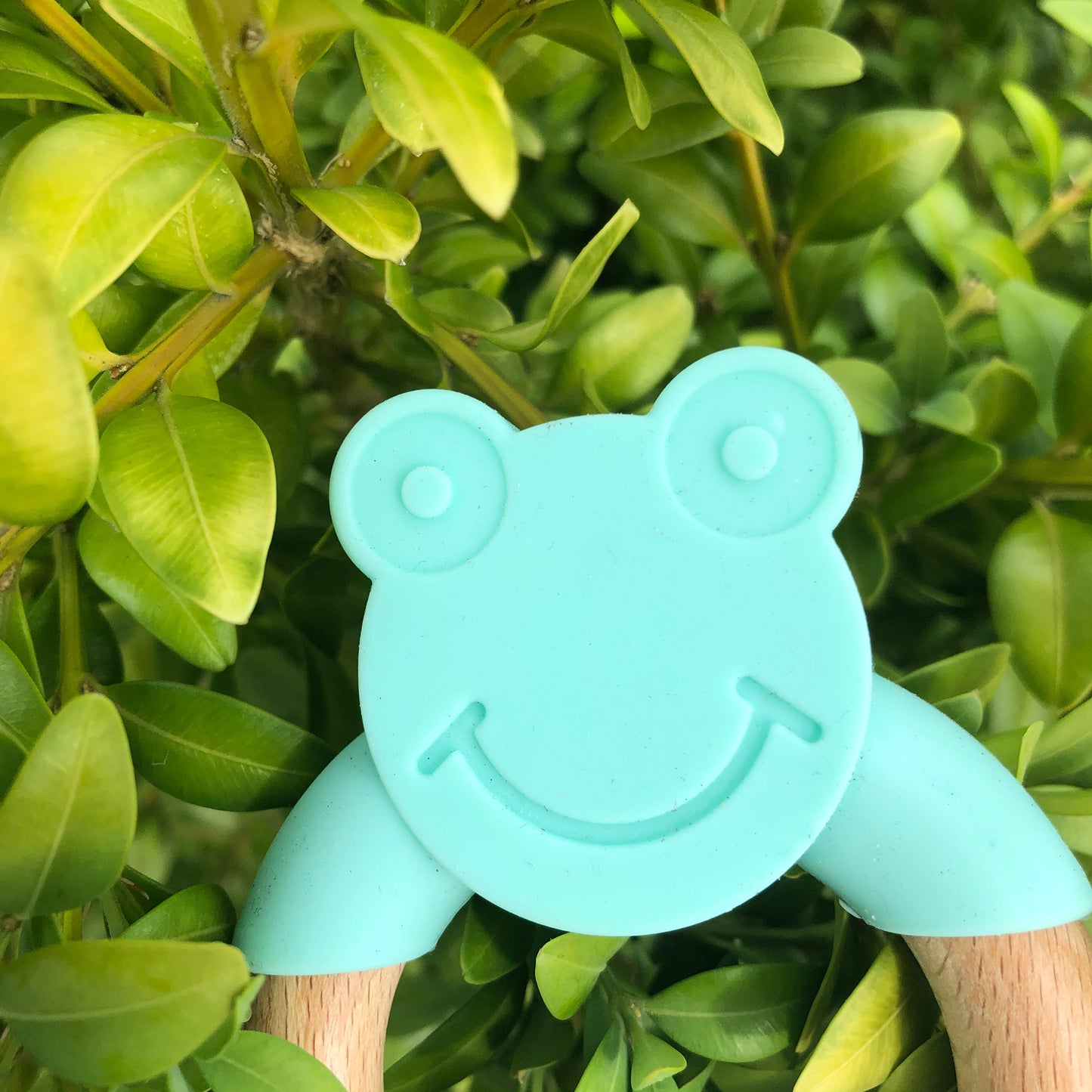 Silicone and wood frog teether ring