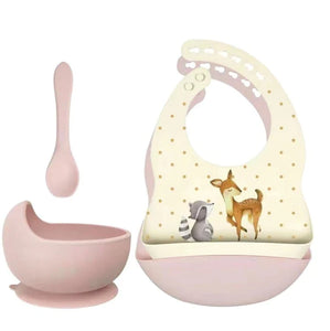 Set of Silicone Bibs + Bowl + Spoon – Deer & Raccoon Soft Pink
