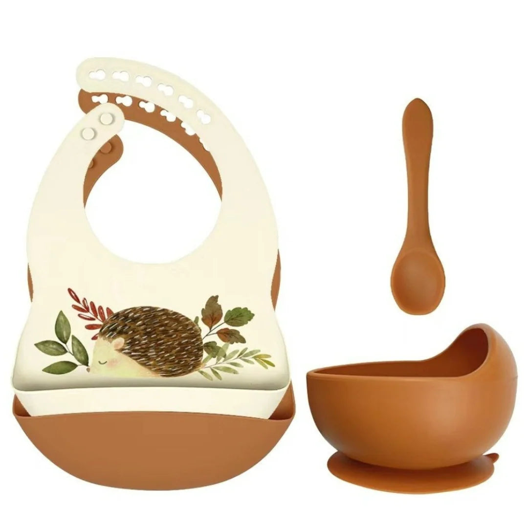 Set of Silicone Bibs + Bowl + Spoon – Hedgehog Rust