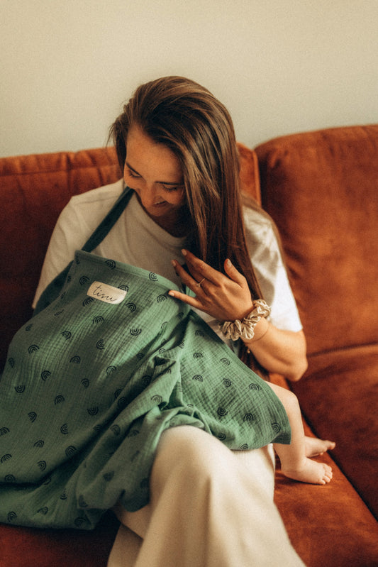 100% cotton nursing cover by TISU, Dusty Green with Rainbows (with storage pouch)